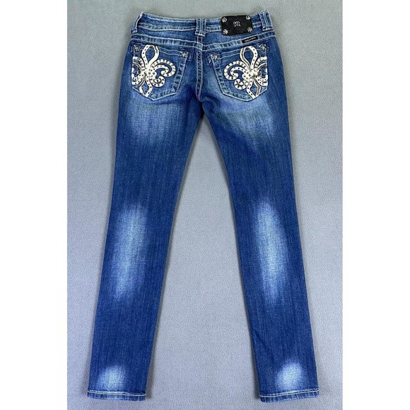 Miss Me Jeans 26 Blue Skinny Fluer De Lis Rhinestone Embroidered Bling Y2K Denim - Picture 3 of 8